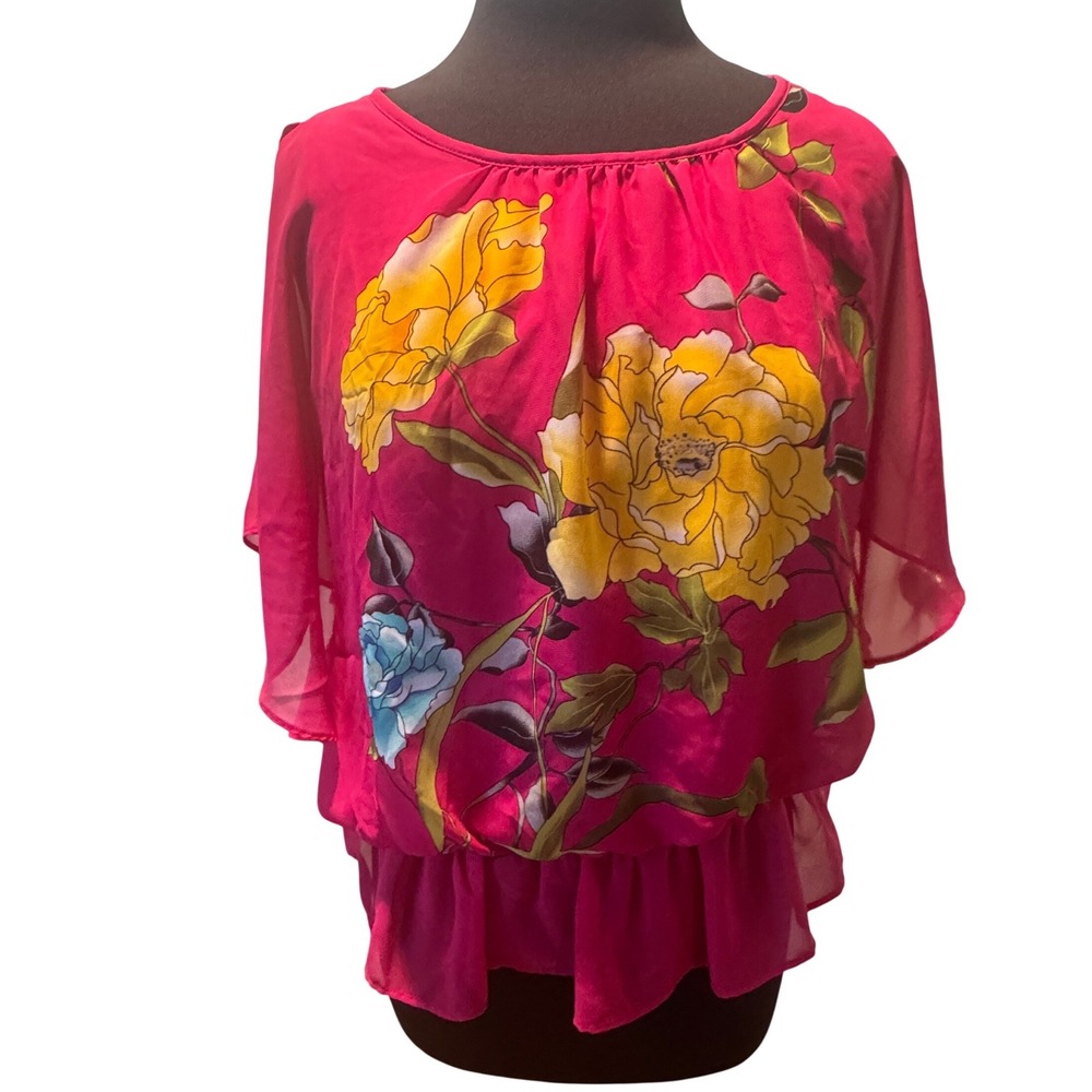 Dressbarn Cold Shoulder Peplum Blouse Hot Pink Floral Petite Large
